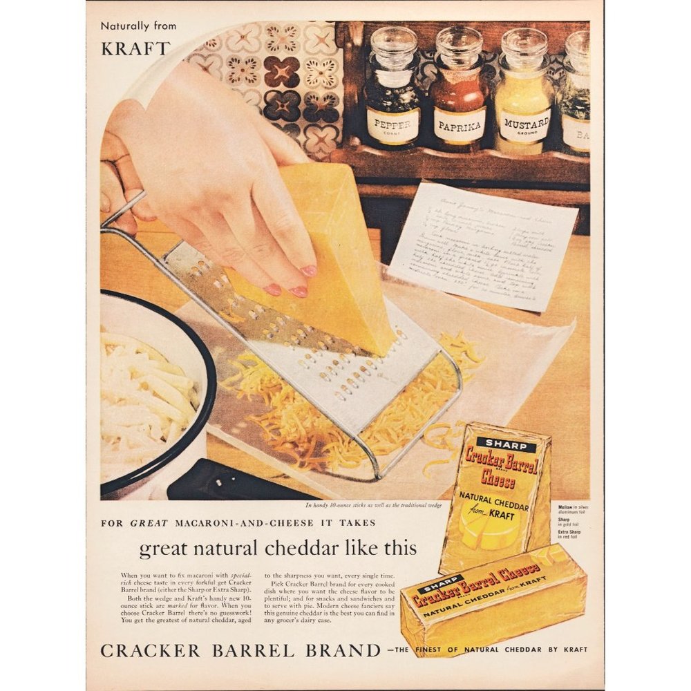 1959 Kraft Cracker Barrel Cheddar Cheese Vintage Print Ad Recipe Card Wall Art